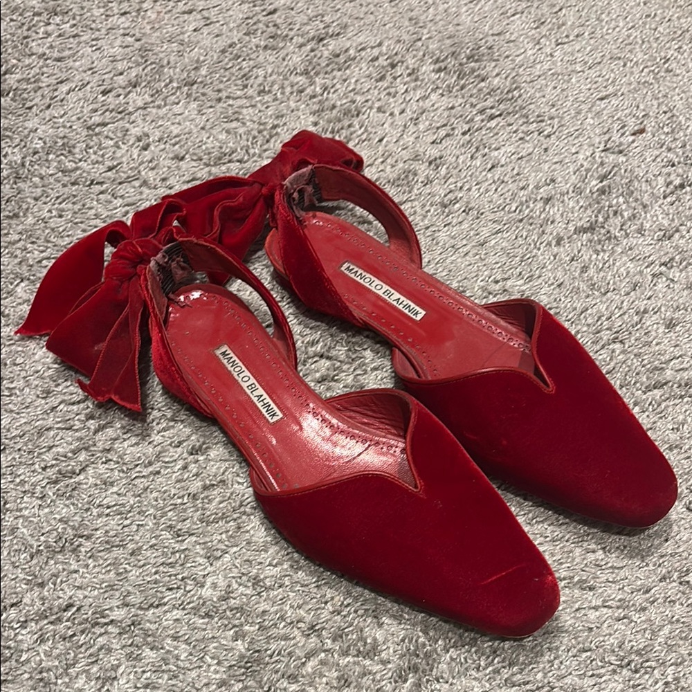 Manolo Blahnik Red Velvet Flats